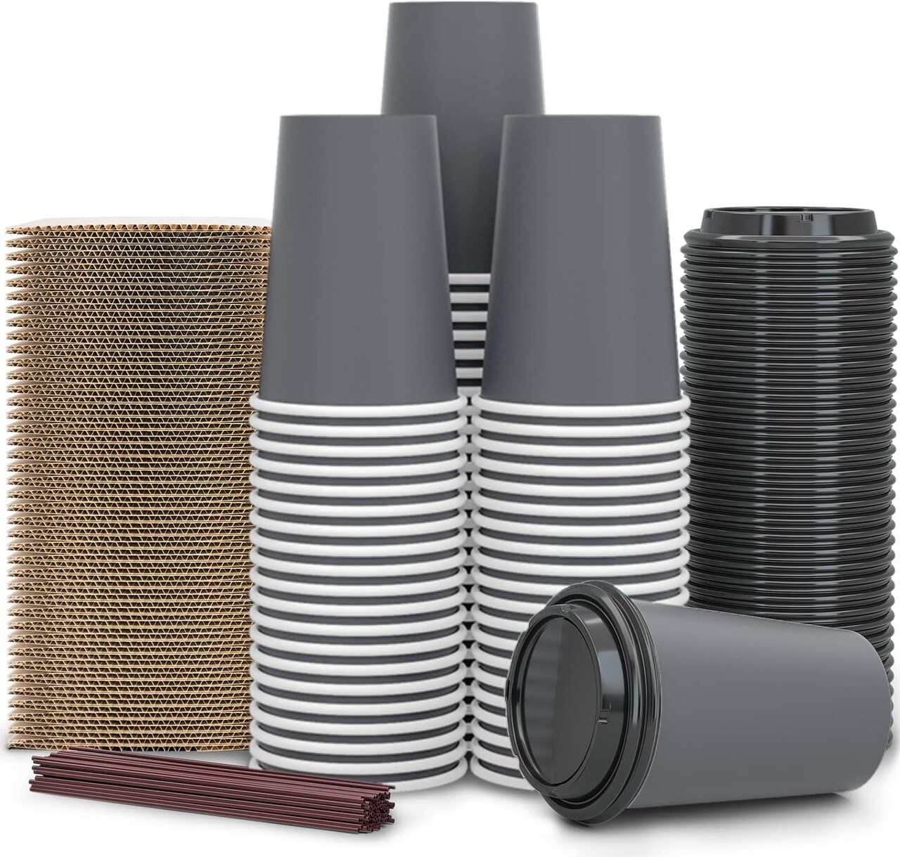 100 Pack - 12 oz Disposable Coffee Cups To Go with Lids Sleeves and Straws 100% Biodegradable & Compostable Pla Eco Friendly Paper Coffee Cups for Tea Coffee Hot Chocolate